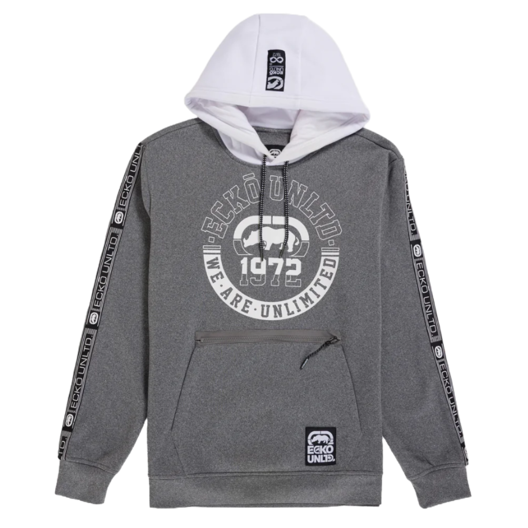 Gray hoodie with a white hood, featuring \“Ecko Unltd. 1972\“ and \“We Are Unlimited\“ text, a rhinoceros logo, and branded tape along the sleeves.