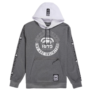 Gray hoodie with a white hood, featuring \“Ecko Unltd. 1972\“ and \“We Are Unlimited\“ text, a rhinoceros logo, and branded tape along the sleeves.