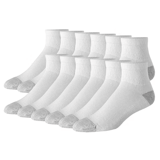 A pack of white ankle socks with gray cushioning on the toes and heels, arranged in two rows.