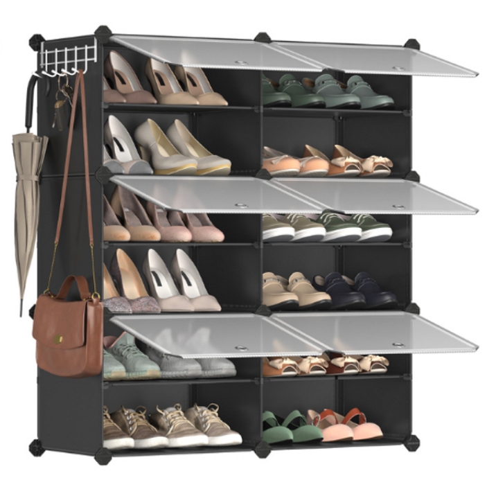 Modular shoe storage rack with multiple compartments, transparent doors, and side hooks for hanging items like bags or umbrellas.