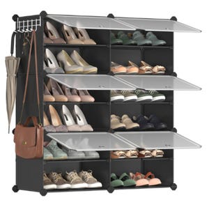 Modular shoe storage rack with multiple compartments, transparent doors, and side hooks for hanging items like bags or umbrellas.