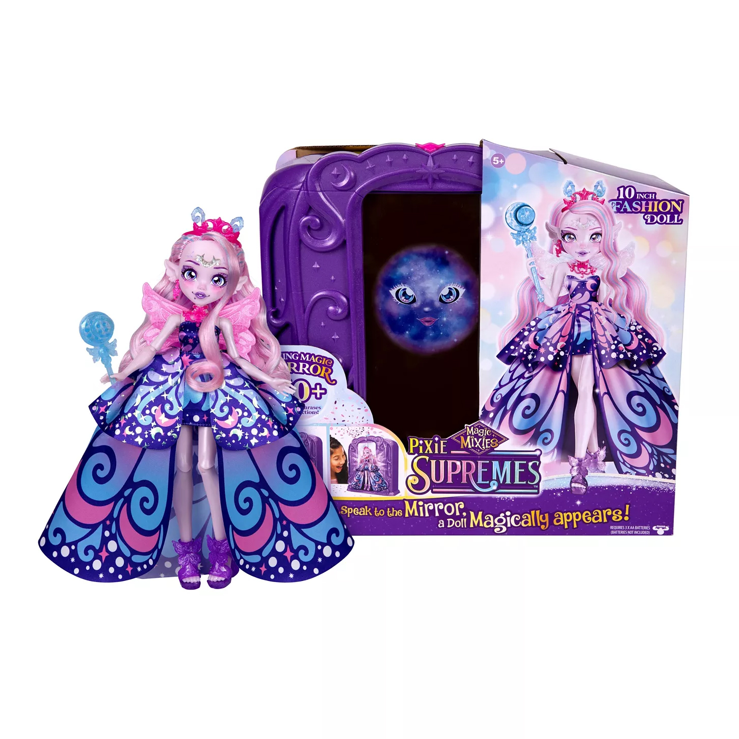 Magic Mixies Pixie Supremes toy set featuring a 10-inch fashion doll with a colorful dress and matching accessories. Includes an interactive talking magic mirror that creates a magical experience for children.
