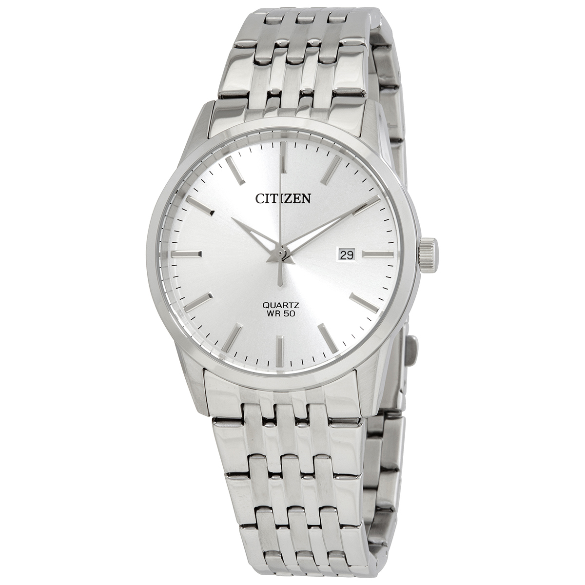 Citizen Men's Stainless Steel Watch features a silver-tone dial with quartz movement, date display, and water resistance up to 50 meters. It has a sleek metal bracelet and minimalist design.