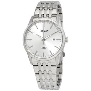 Citizen Men's Stainless Steel Watch features a silver-tone dial with quartz movement, date display, and water resistance up to 50 meters. It has a sleek metal bracelet and minimalist design.