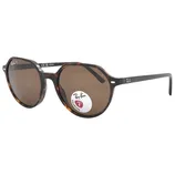 Tortoiseshell Ray-Ban sunglasses with round, polarized brown lenses, featuring the Ray-Ban logo on the lens and temple.