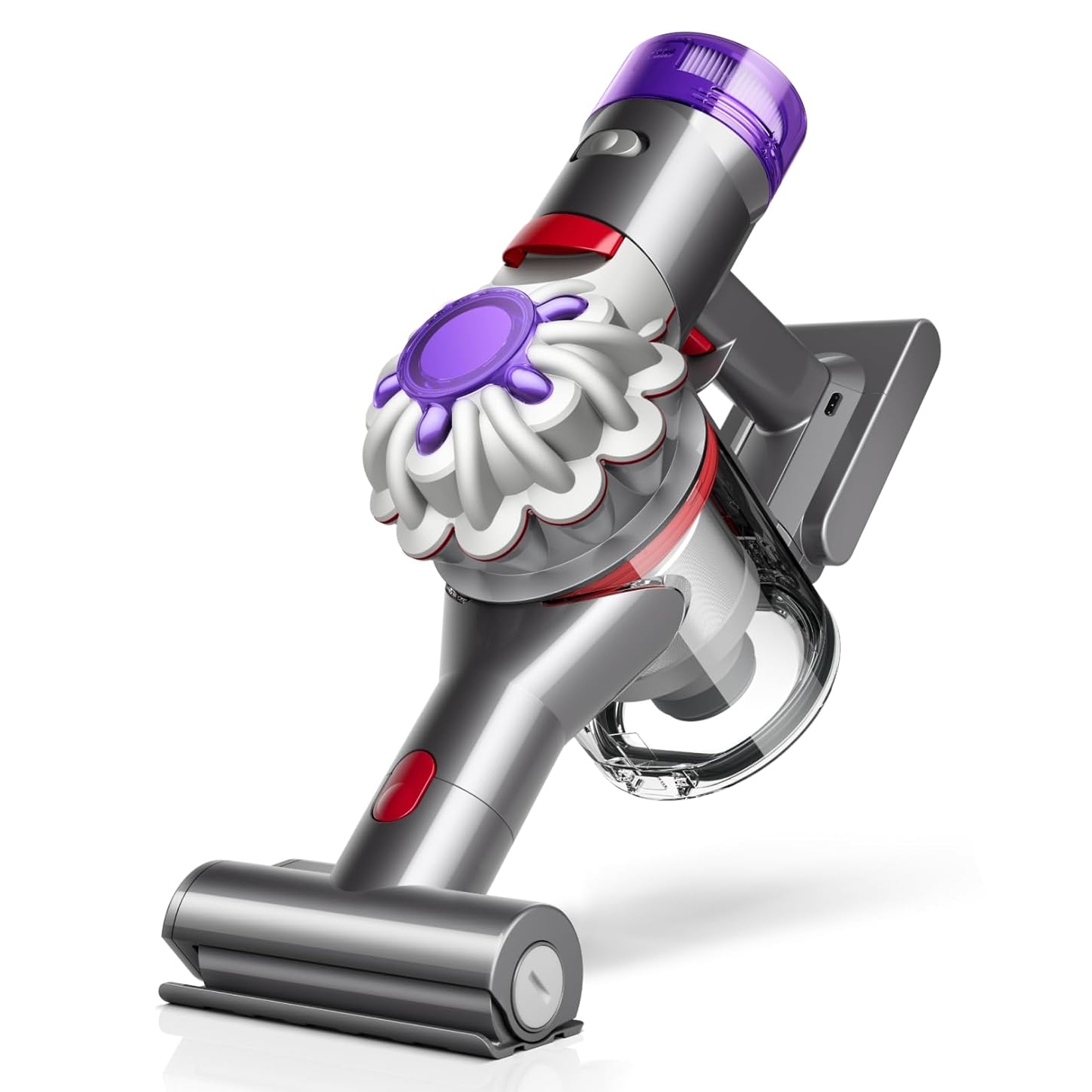 A compact, handheld vacuum cleaner with a sleek silver and purple design, featuring a motorized brush head ideal for car interiors.