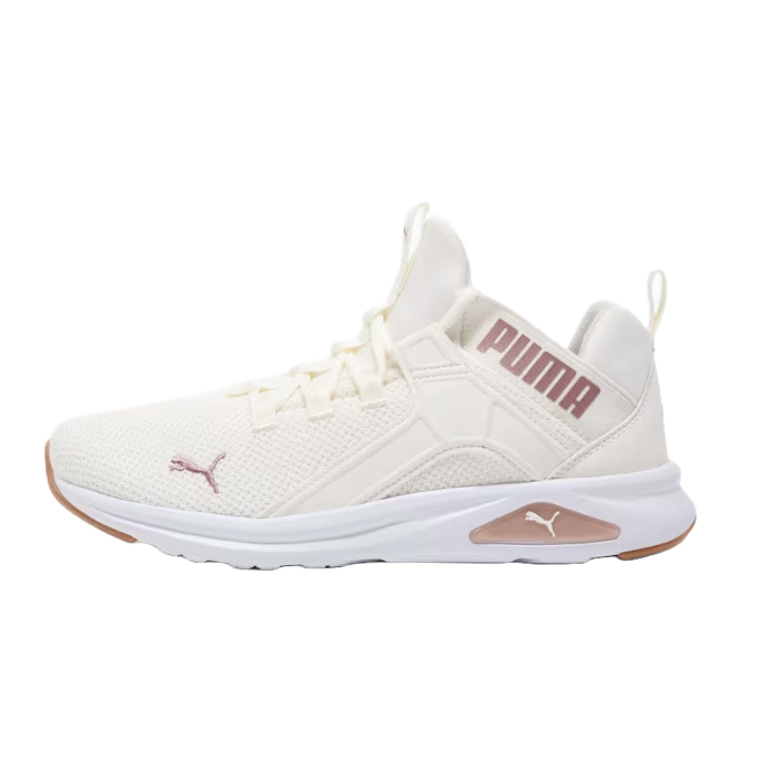 The Puma Enzo 2 Revamp Shoes are athletic sneakers featuring a cream-white mesh upper, rose gold Puma branding, and a cushioned white midsole with a rose gold accent. They are designed for comfort and style.