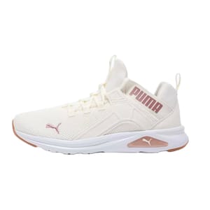 The Puma Enzo 2 Revamp Shoes are athletic sneakers featuring a cream-white mesh upper, rose gold Puma branding, and a cushioned white midsole with a rose gold accent. They are designed for comfort and style.