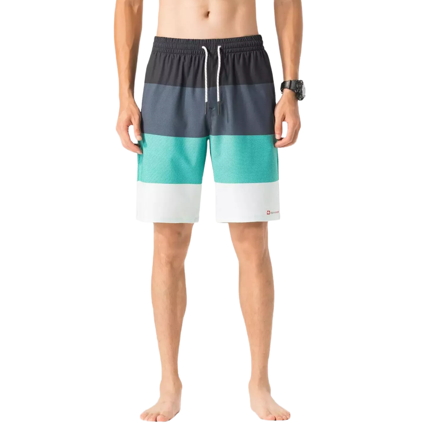 Men's swim shorts with a color-block design featuring dark gray, teal, and white horizontal stripes, drawstring waist, and a small logo on the lower left leg.