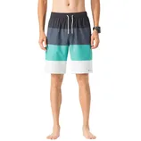 Men's swim shorts with a color-block design featuring dark gray, teal, and white horizontal stripes, drawstring waist, and a small logo on the lower left leg.