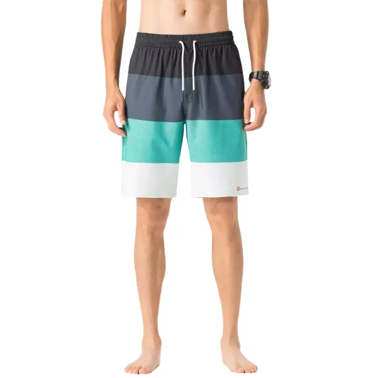 Men's swim shorts with a color-block design featuring dark gray, teal, and white horizontal stripes, drawstring waist, and a small logo on the lower left leg.