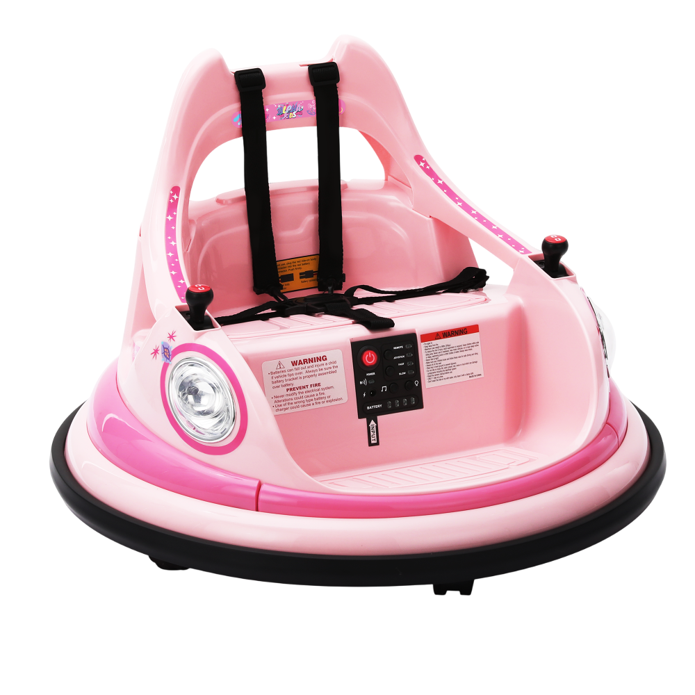 A pink children's bumper car with seat belts, a control panel, and LED lights.