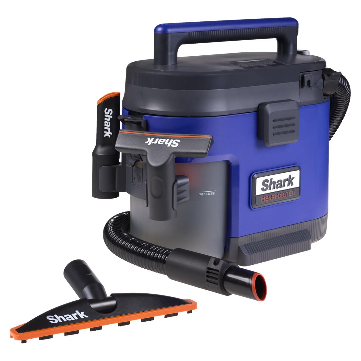Shark MessMaster Wet/Dry Vacuum is a compact, portable vacuum featuring a blue and black design with a sturdy handle. It includes various attachments for versatile cleaning.