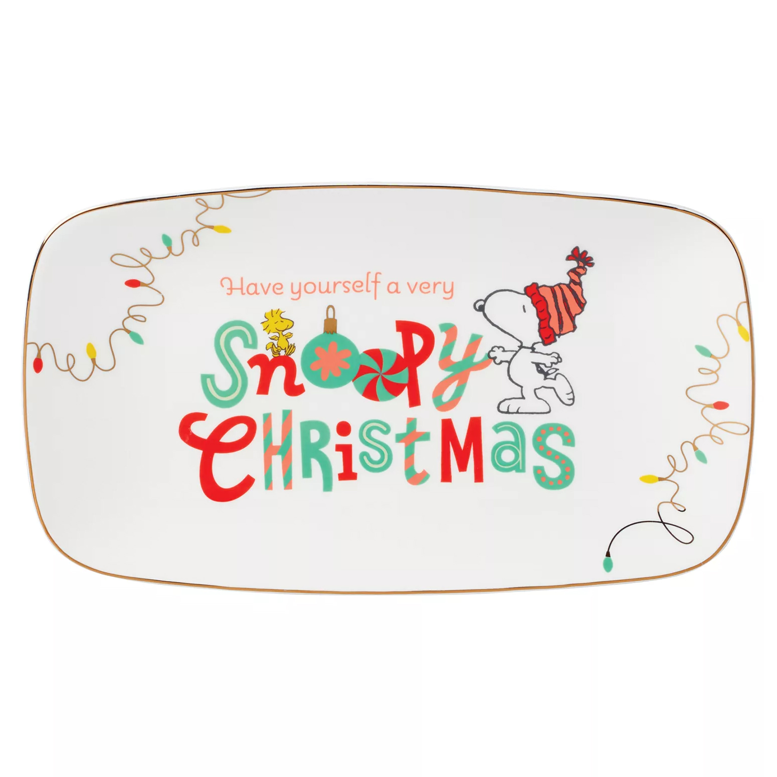 Rectangular plate with a holiday theme featuring Snoopy and Woodstock, decorated with colorful lights and the phrase “Have yourself a very Snoopy Christmas.”