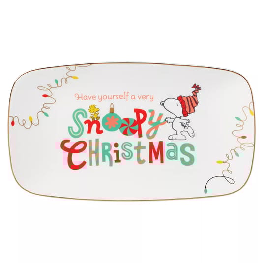 Rectangular plate with a holiday theme featuring Snoopy and Woodstock, decorated with colorful lights and the phrase “Have yourself a very Snoopy Christmas.”