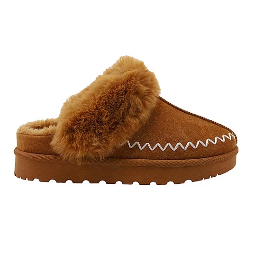 Brown slip-on slipper with faux fur lining and a zigzag stitch detail on the upper.