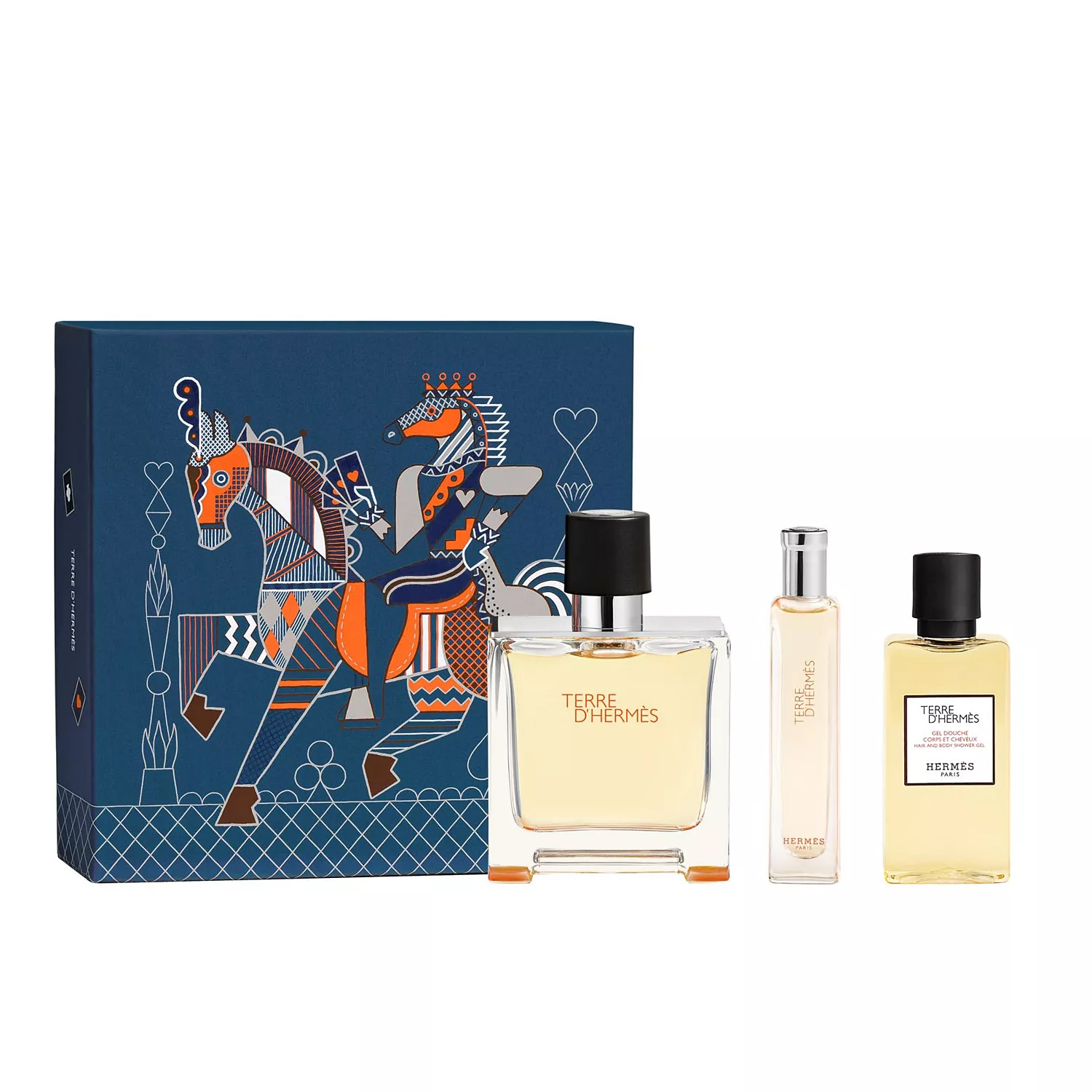 Terre d'Hermès fragrance gift set includes an Eau de Toilette, a travel spray, and a shower gel. The packaging features an abstract horse design with blue, orange, and brown colors.