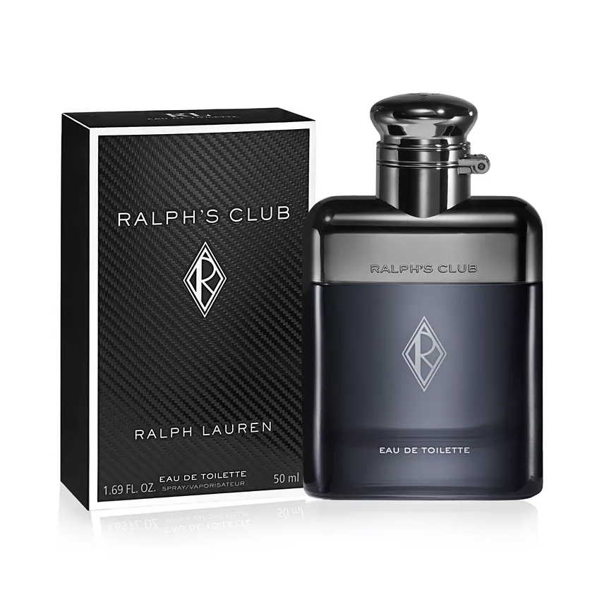 Ralph's Club by Ralph Lauren is an Eau de Toilette, 50 ml, featuring a sleek dark bottle with a metallic cap. The packaging has a black carbon fiber pattern with white text.