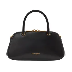 A black Kate Spade handbag with gold hardware and a structured silhouette, featuring two handles and the brand logo on the front.