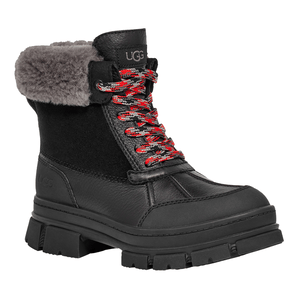 UGG Waterproof Plush-Lined Boots feature a black leather and fabric exterior, plush gray lining, and red-patterned laces with a sturdy black sole for added traction.
