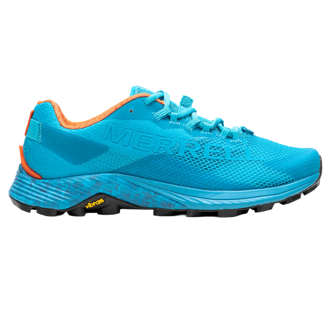 Bright blue trail running shoe with \“Merrell\“ branding, orange accents, and a black Vibram sole.