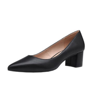 A black low-heeled shoe with a pointed toe and a block heel design.
