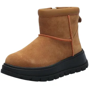 A tan suede ankle boot with a padded collar and orange stitching, featuring a thick black sole with deep tread.