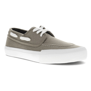 Gray casual slip-on sneakers with white laces, white rubber soles, and distinctive side cutouts for breathability.