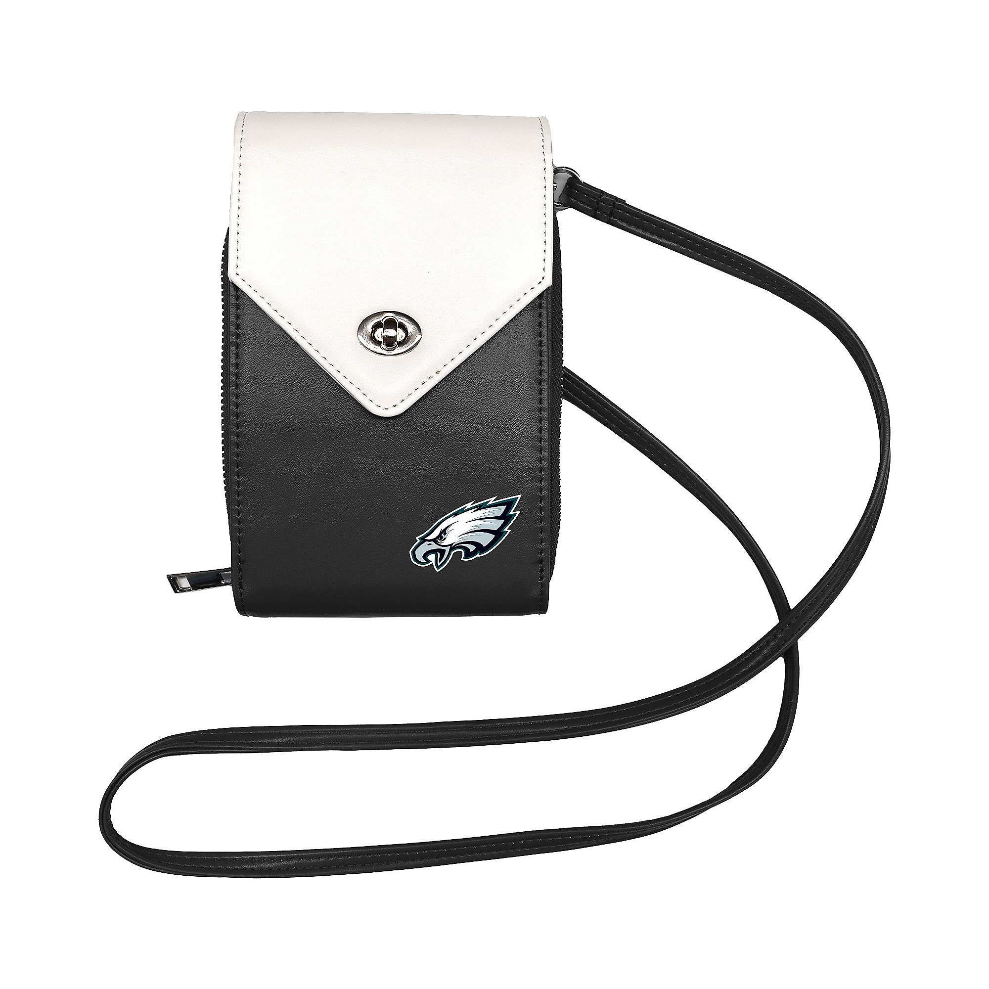 A black and white purse featuring the Philadelphia Eagles logo, with a sleek design and a long strap for crossbody wear. The flap has a triangular shape with a snap closure.