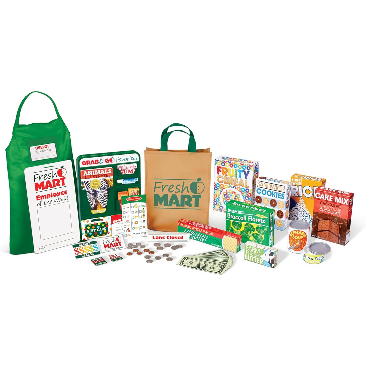 Includes toy grocery items such as cereal, cookies, rice, cake mix, broccoli, soup, and play money. Also features a Fresh Mart apron, bag, employee sign, and checkout accessories like lane closed sign, gift cards, and coupons.