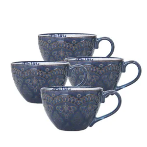 Four blue Pfaltzgraff mugs featuring intricate, embossed patterns in a circular motif, each with a sturdy handle. The design includes decorative elements with a slightly raised texture, giving them a handcrafted appearance.