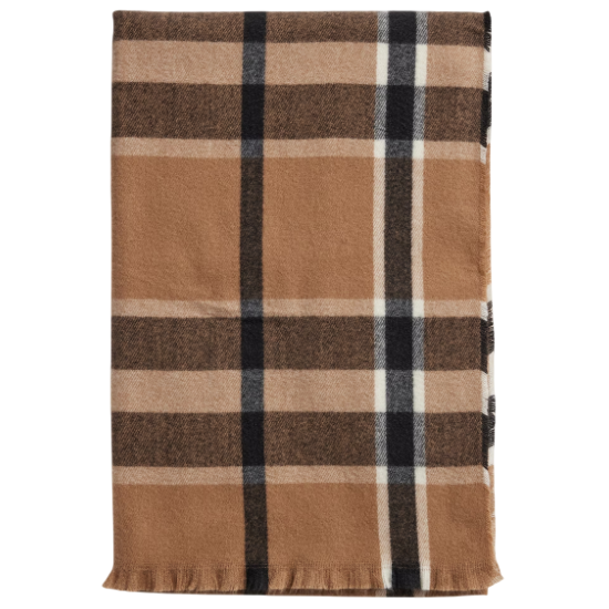 A rectangular scarf featuring a classic plaid pattern in tan, black, and white tones.