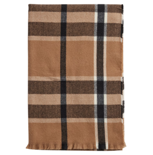 A rectangular scarf featuring a classic plaid pattern in tan, black, and white tones.