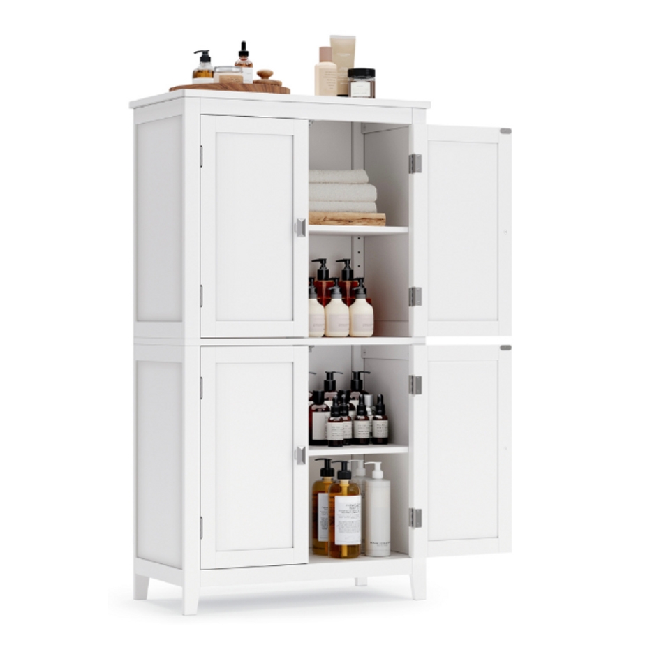 A white cabinet with two sections, each with double doors. The shelves hold towels, toiletries, and various bottles of personal care products.