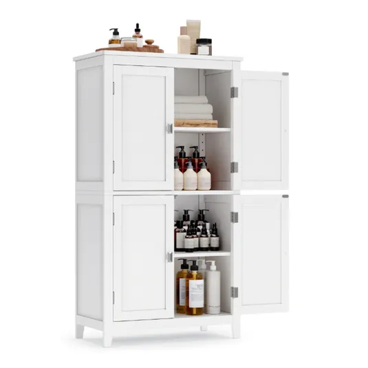 A white cabinet with two sections, each with double doors. The shelves hold towels, toiletries, and various bottles of personal care products.
