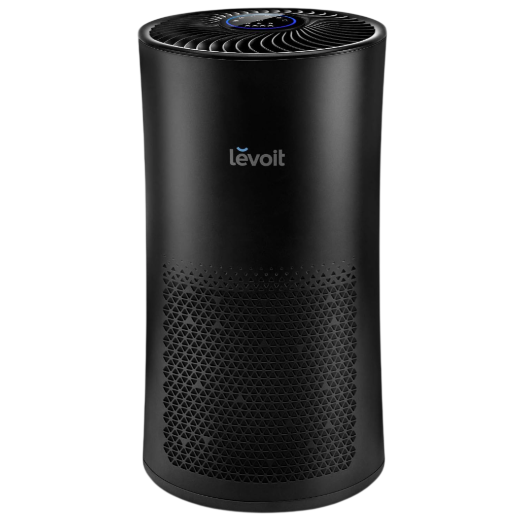 Air purifier with a sleek black cylindrical design featuring a Levoit logo, top vent for air circulation, and a touch control panel on top.