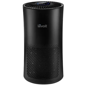 Air purifier with a sleek black cylindrical design featuring a Levoit logo, top vent for air circulation, and a touch control panel on top.