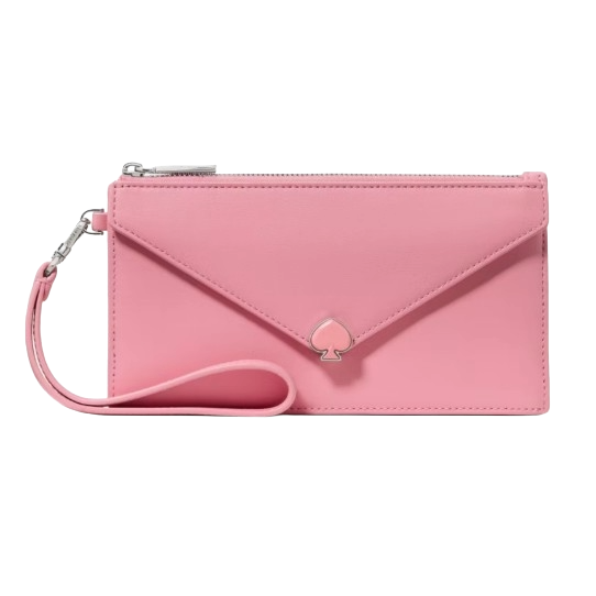 Pink wristlet with an envelope-style flap, spade logo detail, and a detachable wrist strap.