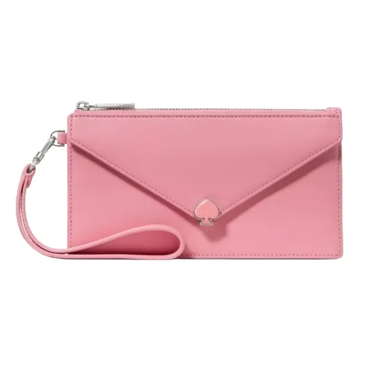 Pink wristlet with an envelope-style flap, spade logo detail, and a detachable wrist strap.