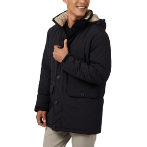 Black winter coat with a faux fur-lined hood, button closure, and two front pockets.