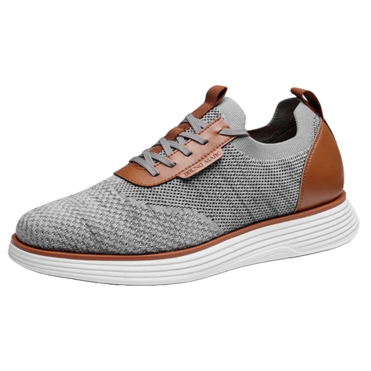A gray knit sneaker with a white sole and brown leather accents, featuring a lace-up design and a branded tag on the side.