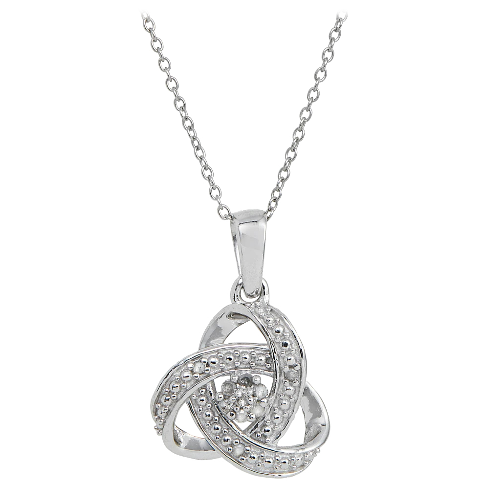 A silver love knot necklace featuring interwoven loops with small diamond accents, hanging from a delicate chain.