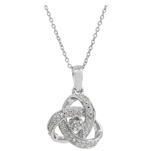 A silver love knot necklace featuring interwoven loops with small diamond accents, hanging from a delicate chain.