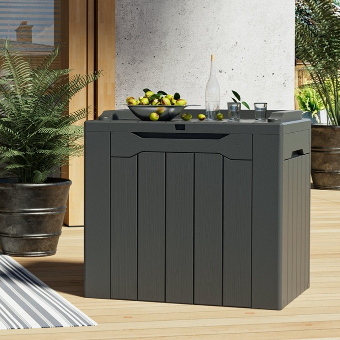 Outdoor patio scene with a woven couch and cushions, a potted plant, a striped rug, and a dark gray storage cabinet topped with lemons and beverages, next to a swimming pool.