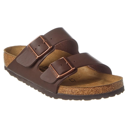 Brown Birkenstock Men's Arizona Sandals with two adjustable straps featuring metal buckles, a contoured cork footbed, and a supportive outsole designed for comfort and durability.