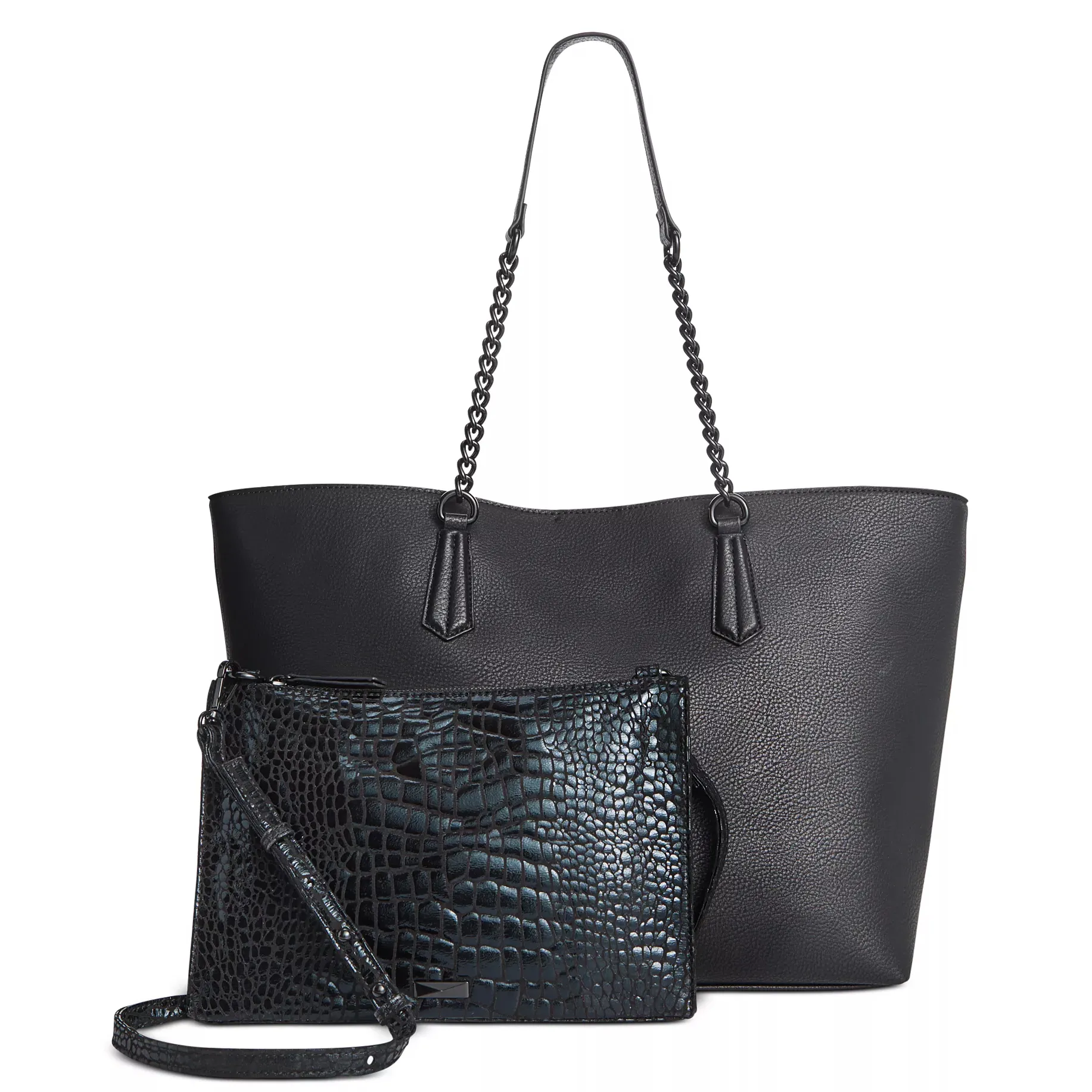 A black tote bag with chain-linked handles is paired with a smaller, textured crossbody bag featuring a crocodile pattern.