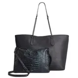 A black tote bag with chain-linked handles is paired with a smaller, textured crossbody bag featuring a crocodile pattern.