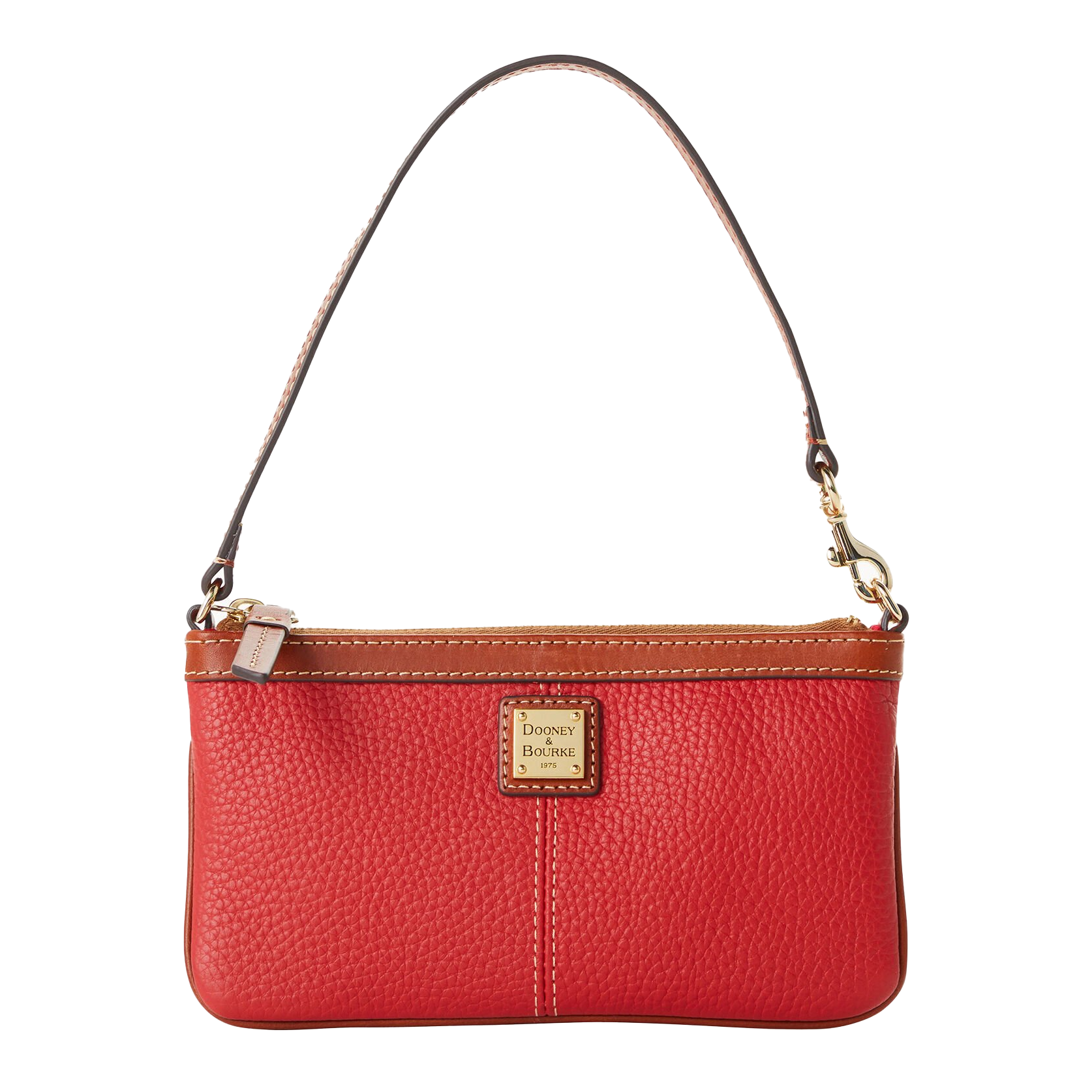 A red leather wristlet with a brown trim and a detachable strap, featuring a gold-tone logo plate on the front and a zippered top closure.