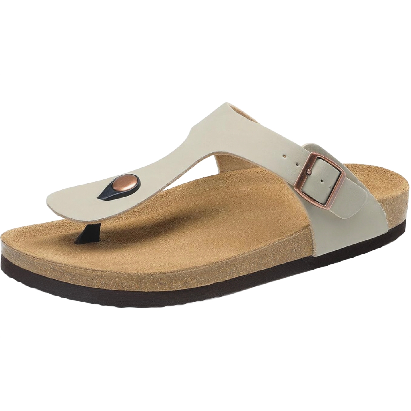 Beige sandal with a cork and rubber sole, featuring a thong strap with a metal button and an adjustable side buckle.