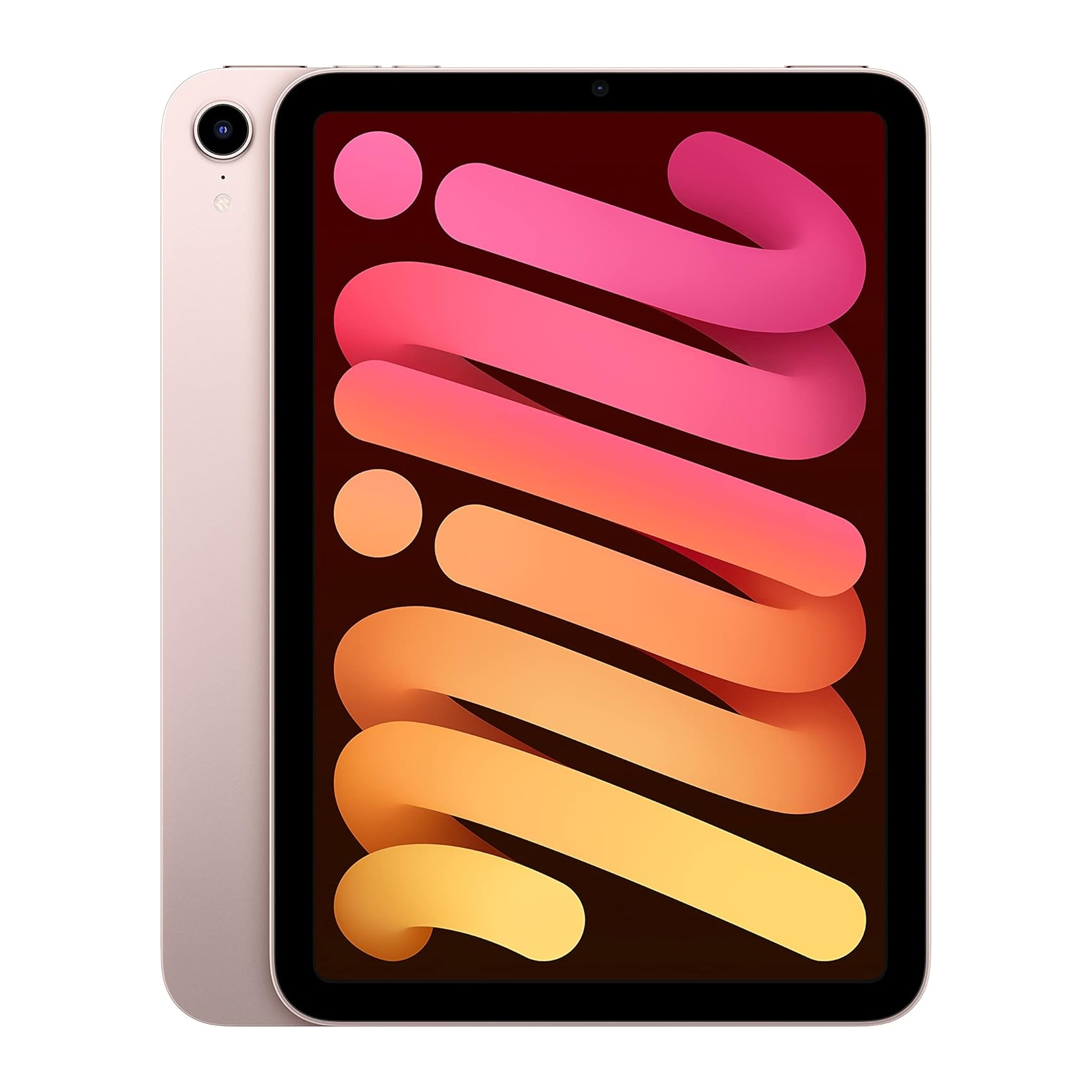 Rose gold tablet with a colorful abstract wallpaper on the screen.